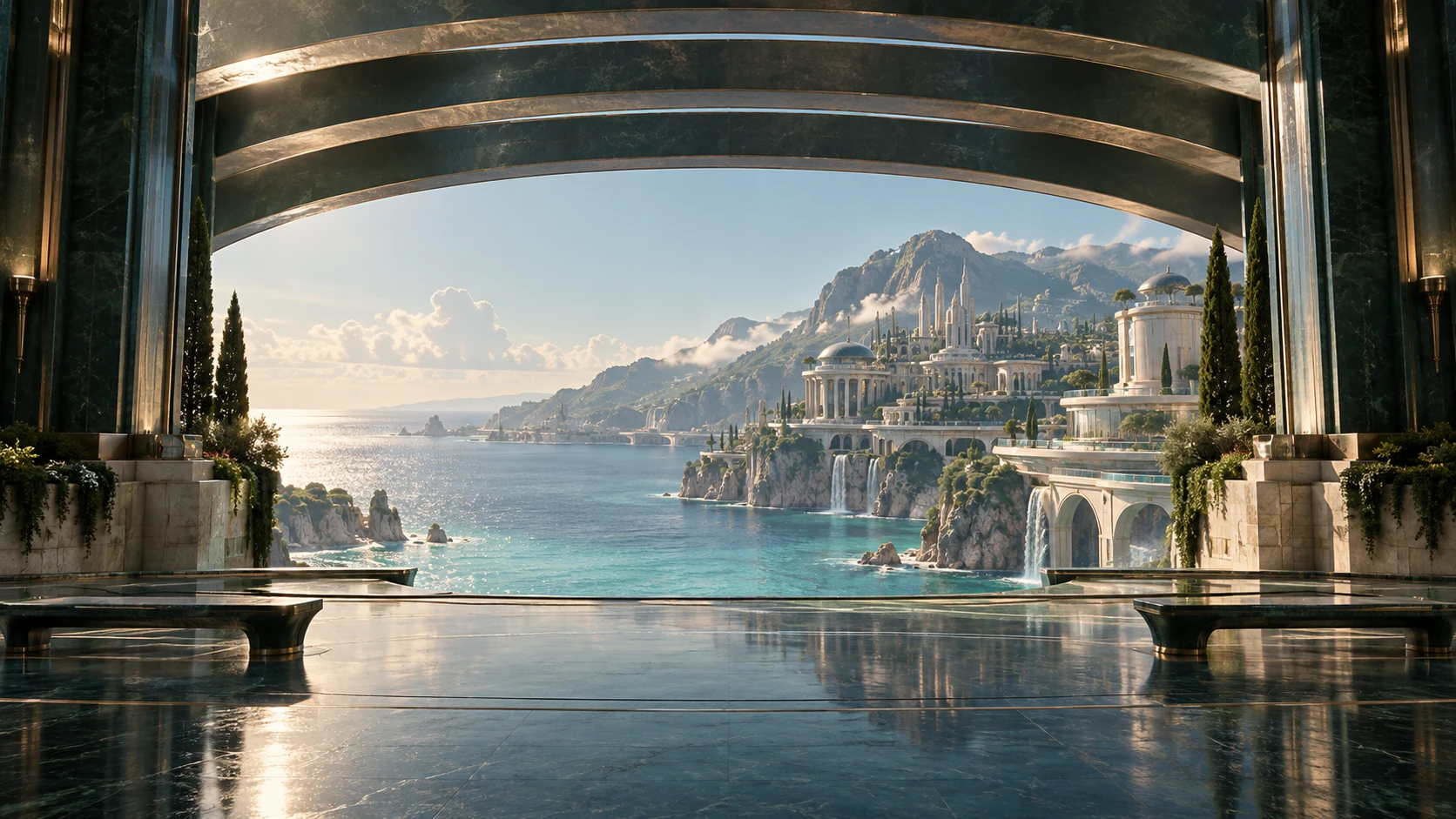 A shaded stone arch opening onto a bright turquoise bay.